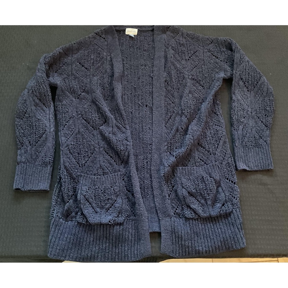 Yam & Sea Cardigan Sweater Womens Small Navy Open Knit Long‎ Pockets Ribbed Trim